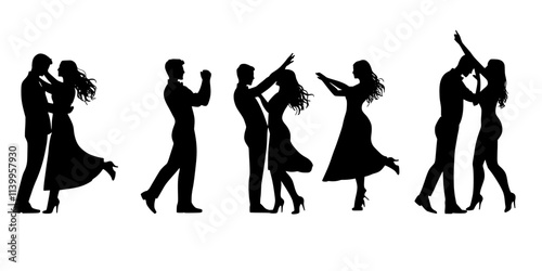 Couples twirling and spinning during a salsa competition in a ballroom, Vector Graphic