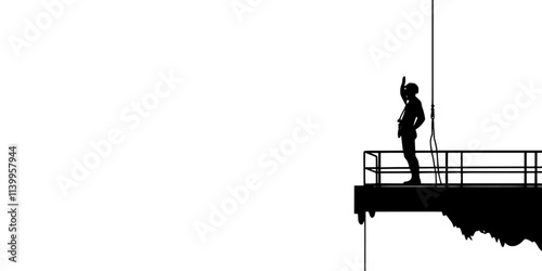 Bungee jumper preparing to jump by stepping off a platform, Vector Graphic