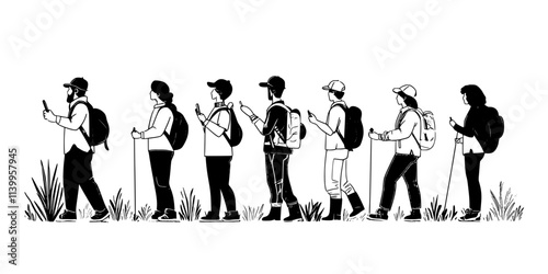 Conservationists leading a group on a tour of protected lands to explain restoration efforts, Vector Graphic