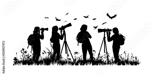 Birdwatchers setting up spotting scopes in open fields, watching birds on traditional migration routes, Vector Graphic
