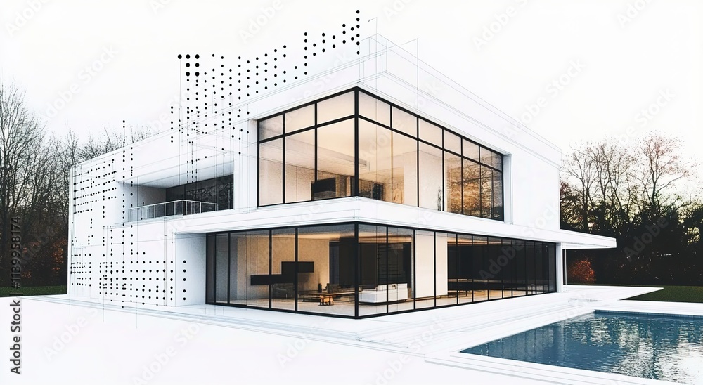 A modern house with white walls and glass windows is shown in the center of an architectural drawing A modern house with white walls and glass windows is shown in the center of an architectural drawing
