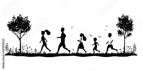 Families walking together while participating in a local fun run event, Vector Graphic