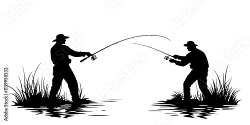 Casting bait into shallow streams, watching line movements for fish, Vector Graphic