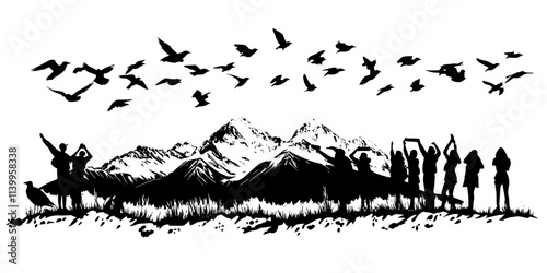 Enthusiasts watching flocks during migration peaks, documenting flight paths over geographical areas, Vector Graphic