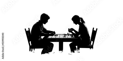 Family members sitting around a table taking turns moving pieces across the game board, Vector Graphic