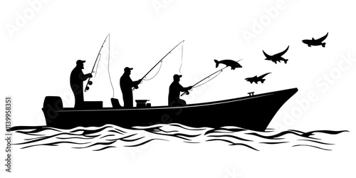 Fishers setting lines along boat stern, targeting deep-sea fish, Vector Graphic