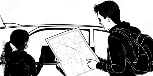 Family member reviewing map and planning stops for a road trip, Vector Graphic