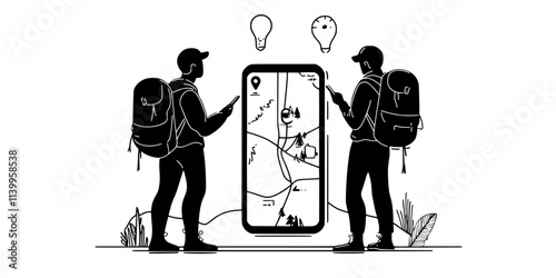 Group member reviewing transportation options for a group trip on mobile phone, Vector Graphic