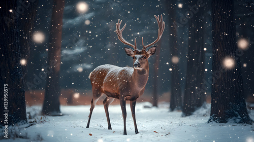 A noble male deer standing majestically in a winter snow-covered forest, creating an artistic Christmas landscape.