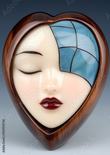 Heart-shaped art piece featuring a serene female face with inlaid blue mosaic detail. photo