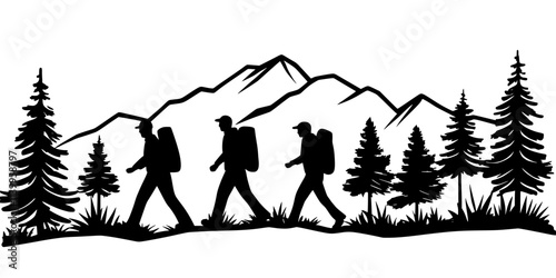 Hikers walking along a forest trail following clearly marked paths through natural terrain, Vector Graphic