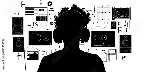 Individual documenting soundscapes in urban areas for audio projects, Vector Graphic