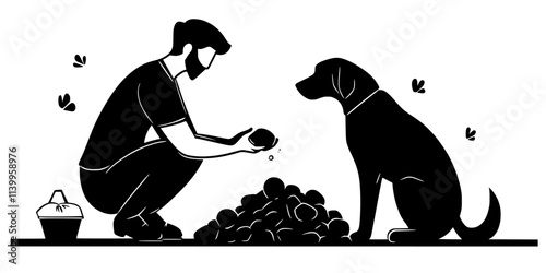 Individual instructing a dog to spin in place during a trick training session, Vector Graphic