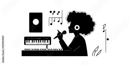 Individual reviewing audio tracks after recording a live performance, Vector Graphic