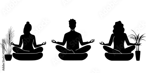 Individuals practicing guided meditation in a comfortable indoor setting, Vector Graphic