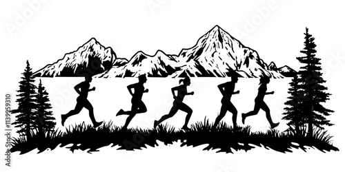 Runners passing a scenic overlook with distant mountains in view, Vector Graphic