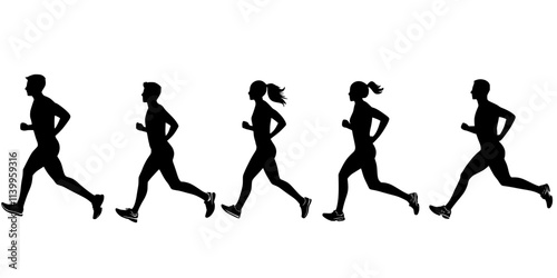 Runners timing their pace during a marathon training session, Vector Graphic