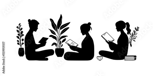 Individuals writing in journals during a mindfulness retreat, Vector Graphic