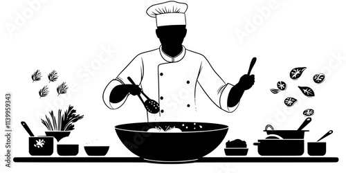 Ingredients being tossed in a wok for stir-frying by a chef, Vector Graphic