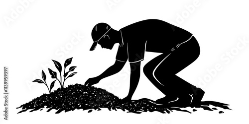 Man preparing soil with compost to promote healthy growth in a permaculture garden, Vector Graphic