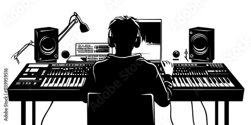 Musician mixing tracks with samples and loops in a production environment, Vector Graphic