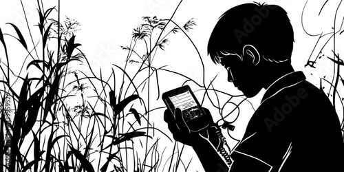 Musician collecting field recordings of wildlife with handheld devices, Vector Graphic