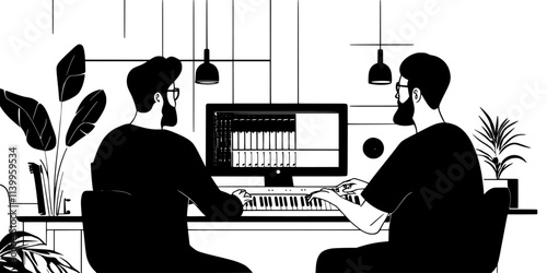 Musician interacting with a producer during a recording session in a studio, Vector Graphic