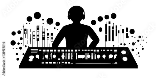 Musician adjusting audio levels for instruments while mixing jazz tracks, Vector Graphic