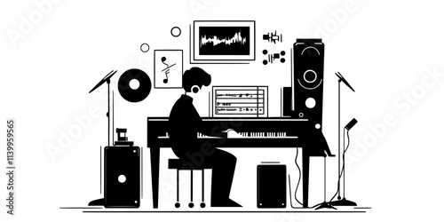 Musician playing piano while recording classical compositions in a studio, Vector Graphic