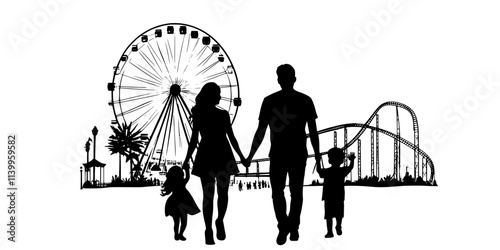 Parent purchasing theme park tickets online for a family vacation, Vector Graphic