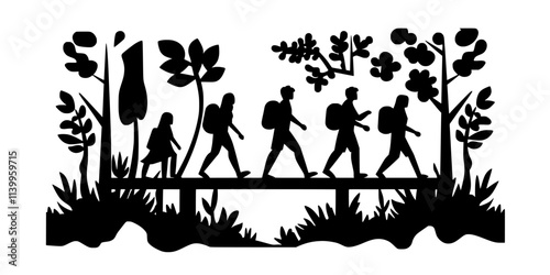 Participants crossing a wooden bridge over a small stream while running, Vector Graphic