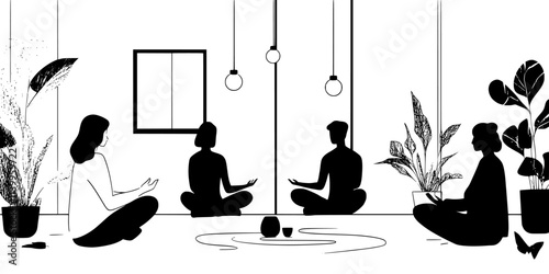 Participants focusing on relaxation techniques during a guided meditation workshop, Vector Graphic