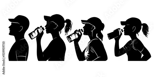 Participants hydrating at water stations during a training run, Vector Graphic