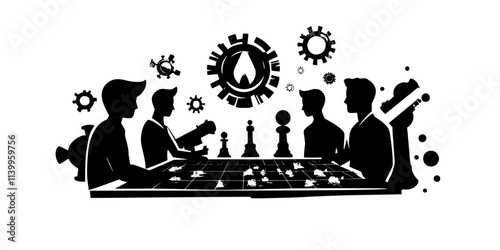 Participants engaging in strategic planning, moving armies across the board during a war game session, Vector Graphic