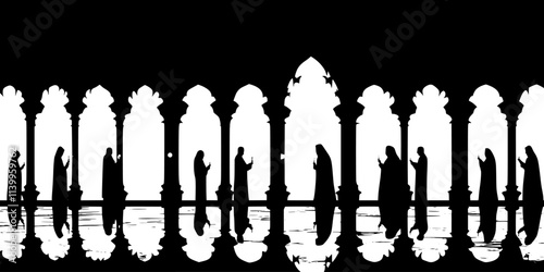 Participants lighting candles at a pilgrimage destination while praying silently, Vector Graphic