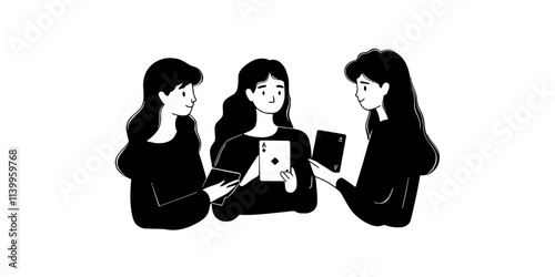 Participants holding game cards while considering the most strategic moves for their objectives, Vector Graphic