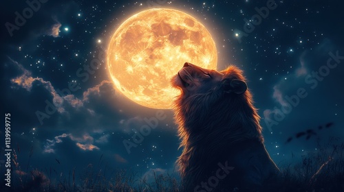 Majestic lion howling at a luminous full moon under a starlit sky in the serene night photo