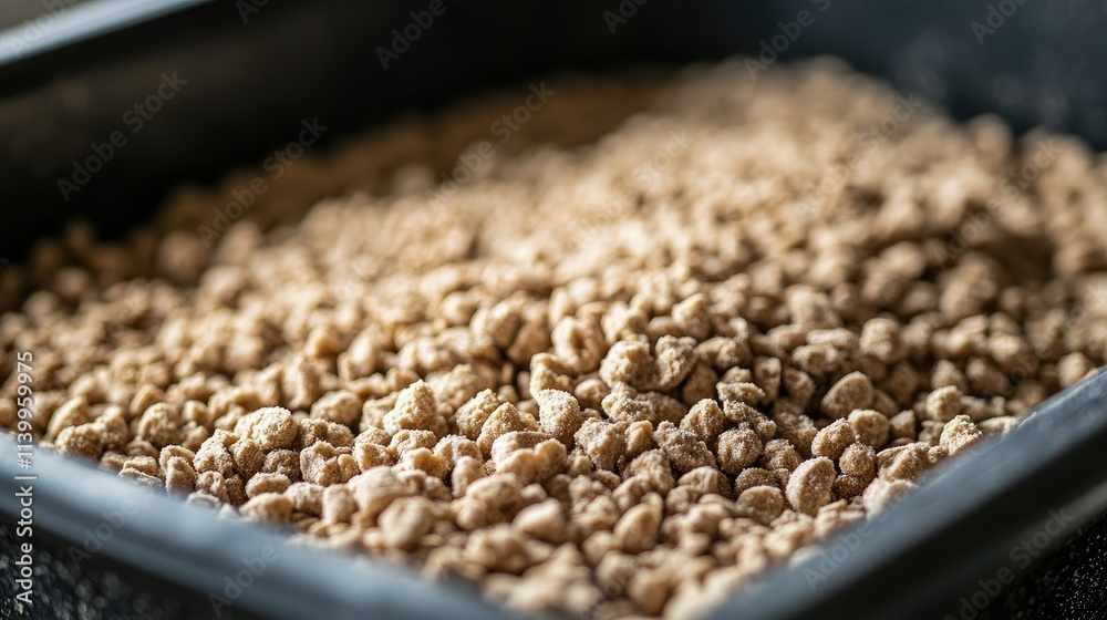 Close-up of clumping cat litter texture inside an empty litter box with soft lighting. Close-up of clumping cat litter texture inside an empty litter box with soft lighting.