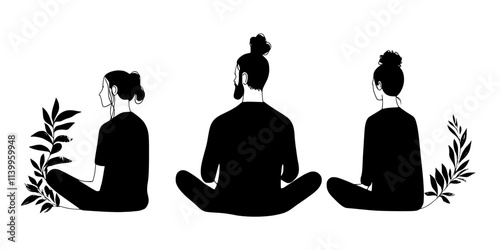 Participants reflecting on their feelings during a guided meditation session, Vector Graphic