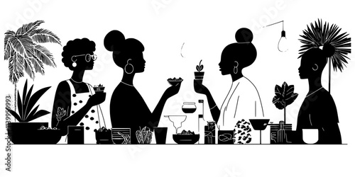 People tasting local delicacies in a traditional market during a guided culinary tour, Vector Graphic