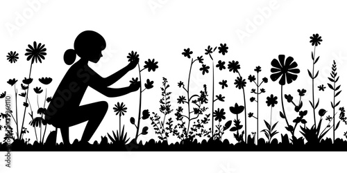 Person arranging flowering plants around the garden to provide habitats for pollinators, Vector Graphic