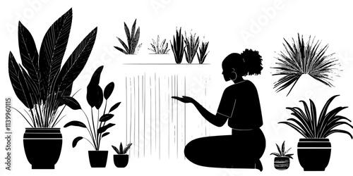 Person arranging plants around a newly built backyard waterfall, Vector Graphic