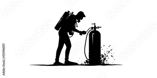Person checking air pressure levels in a scuba tank before diving, Vector Graphic