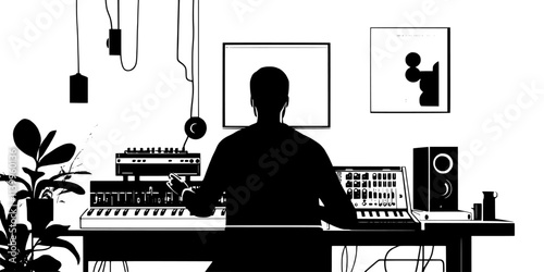 Person connecting cables between a mixer and audio interface in a home space, Vector Graphic