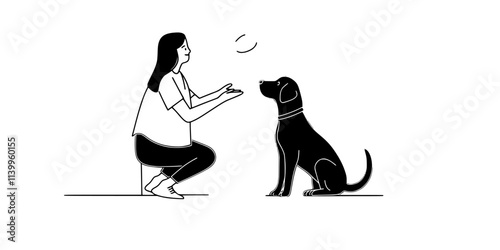 Person demonstrating how to teach a dog to help someone get up from a seated position, Vector Graphic