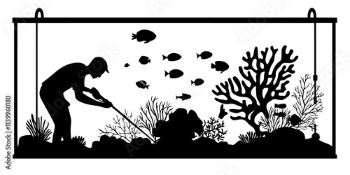 Person cleaning algae from coral surfaces in a reef tank using specialized equipment, Vector Graphic
