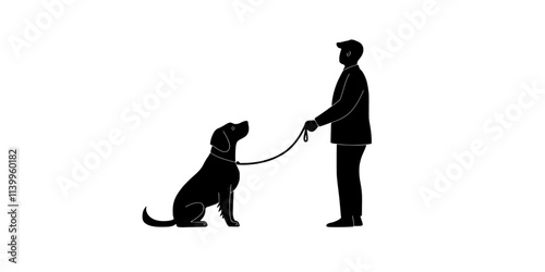 Person holding a leash while guiding a dog into a sitting position, Vector Graphic