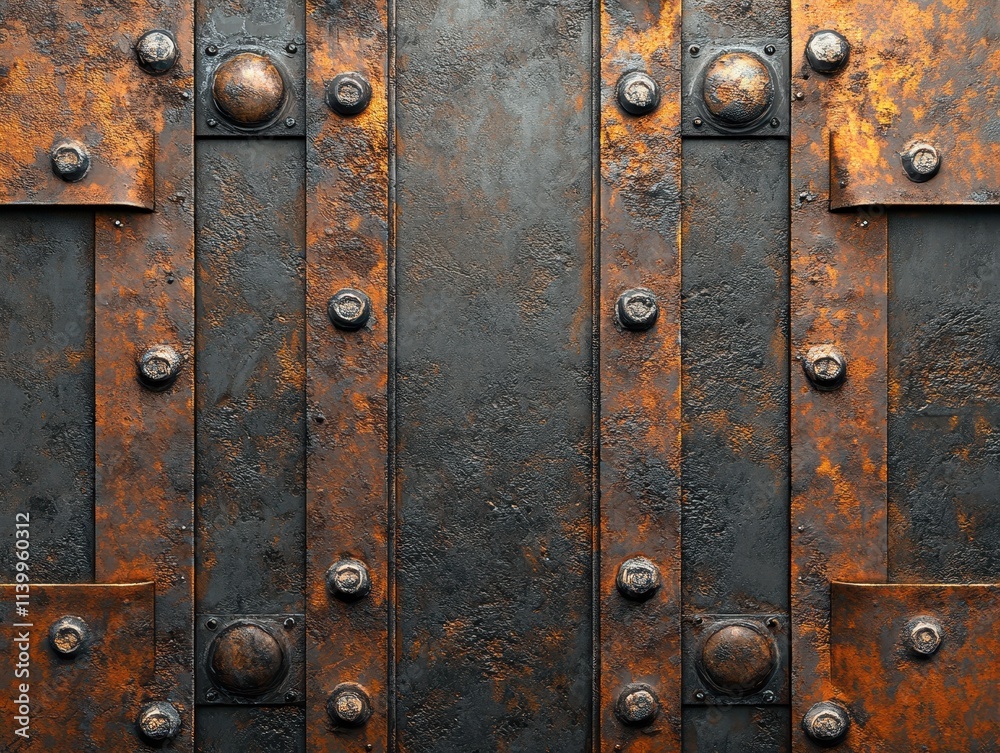 A textured metal surface with rivets and an industrial design. A textured metal surface with rivets and an industrial design.