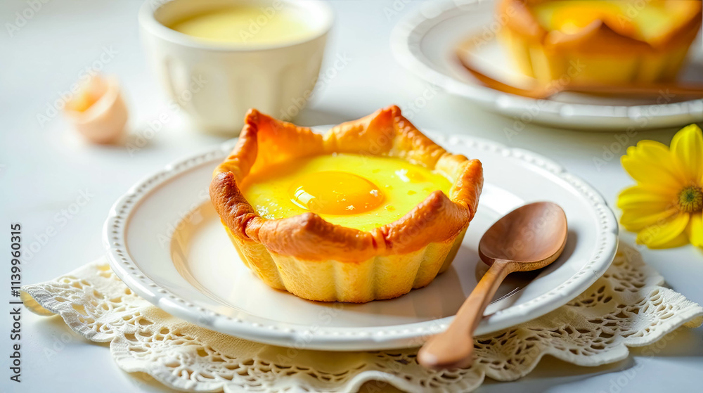 Golden Baked Egg Cups with Creamy Custard Filling, Served on Elegant Plate with Wooden Spoon Golden Baked Egg Cups with Creamy Custard Filling, Served on Elegant Plate with Wooden Spoon