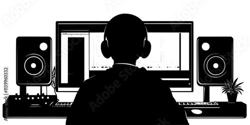 Person reviewing recorded verses and beats on a computer screen, Vector Graphic